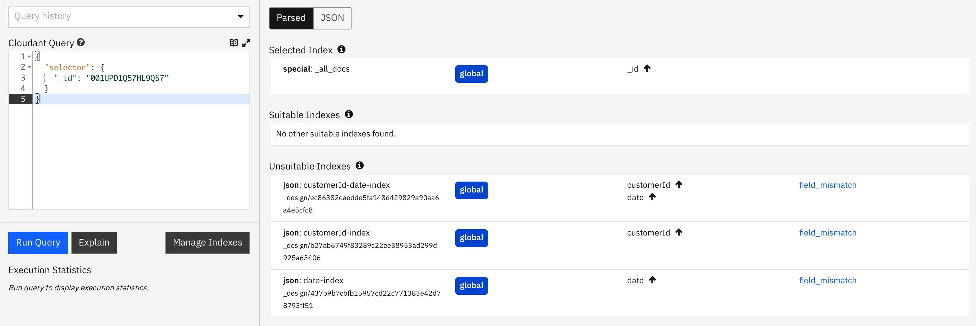 Cloudant dashboard explain output