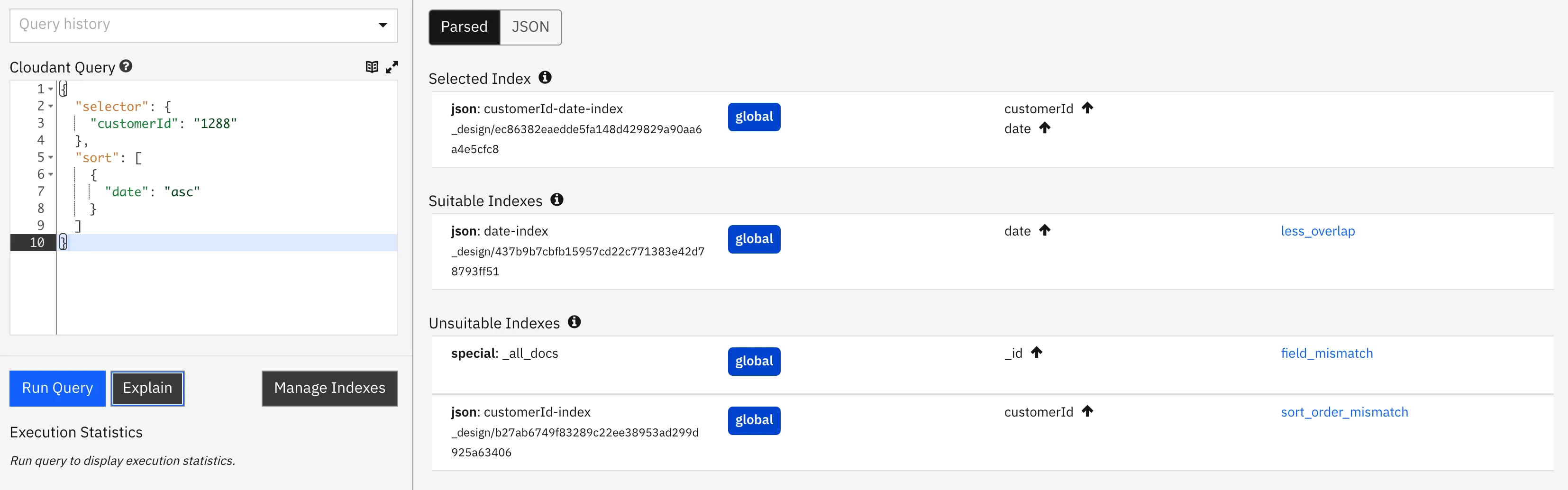 Cloudant dashboard explain output