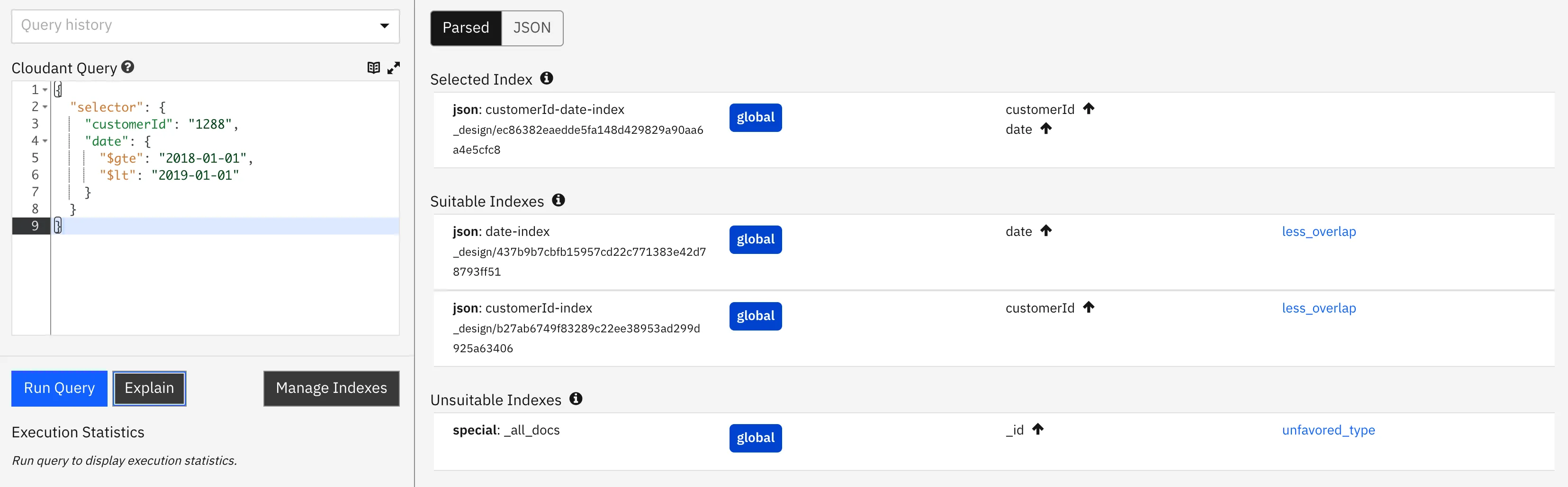 Cloudant dashboard explain output