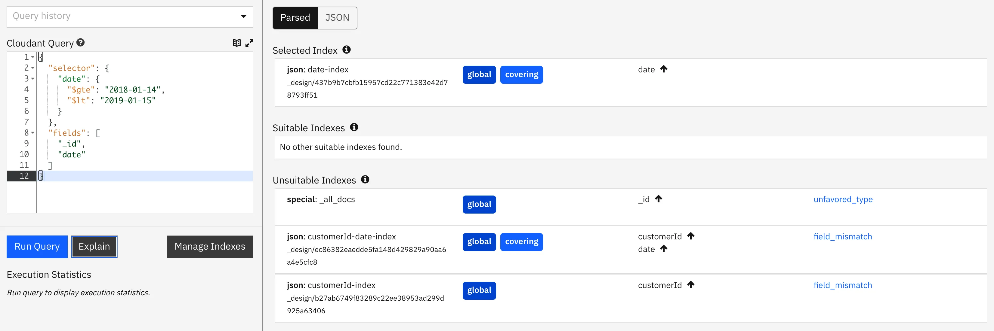 Cloudant dashboard explain output