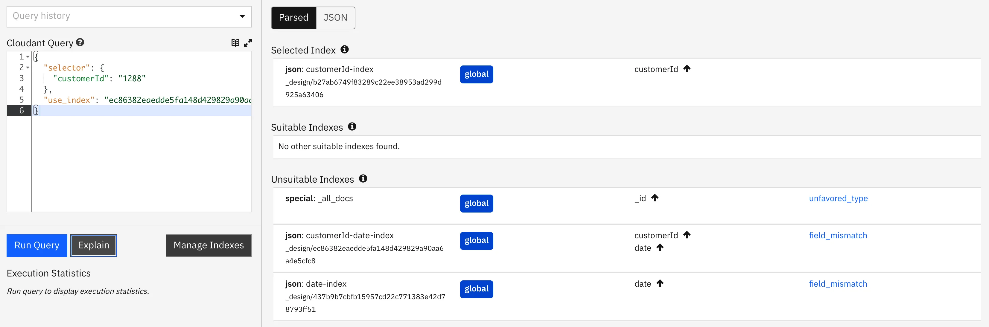 Cloudant dashboard explain output